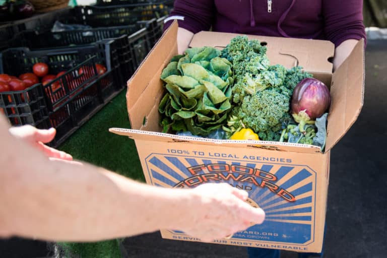 A farmers market vendor hands a Food Forward volunteer a box filled with various vegetables.