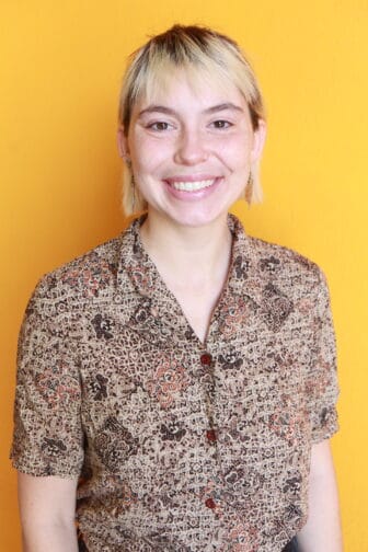Melina in patterned button up
