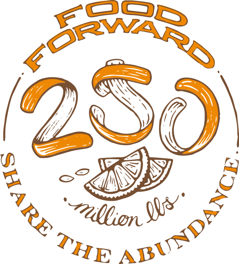 illustration of oranges and orange text reading Food Forward 250 million lbs. Share The Abundance. The 250 text looks like an orange peel